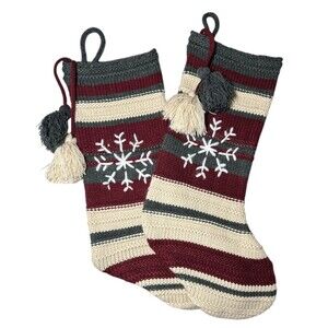 Christmas Holiday Stockings Cable Knit Maroon, Tan, Dark Grey w/ White Snowflake
